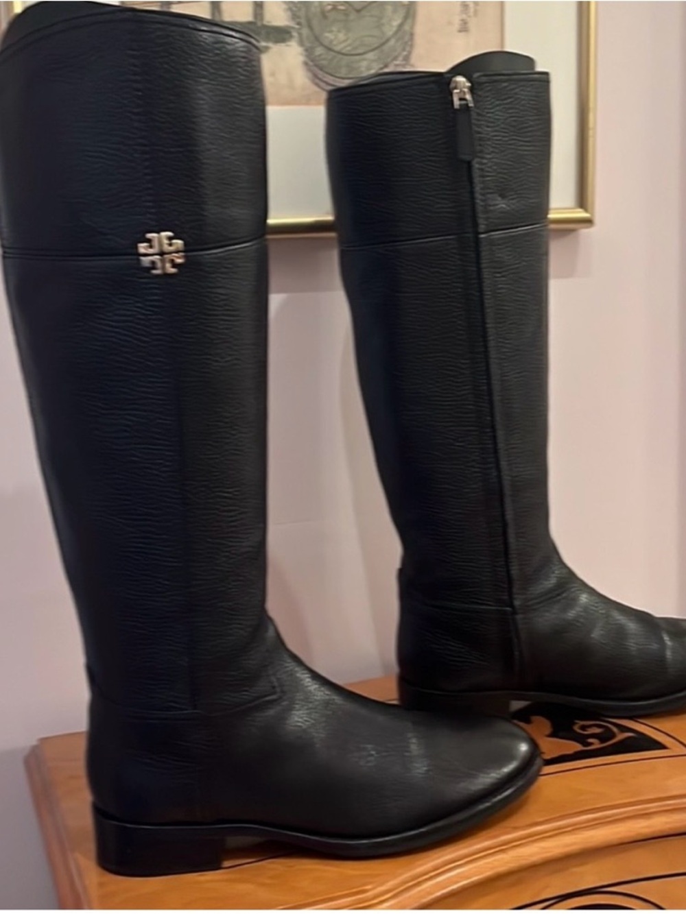 Tory Burch Black Leather Knee-High Riding Boots with Logo